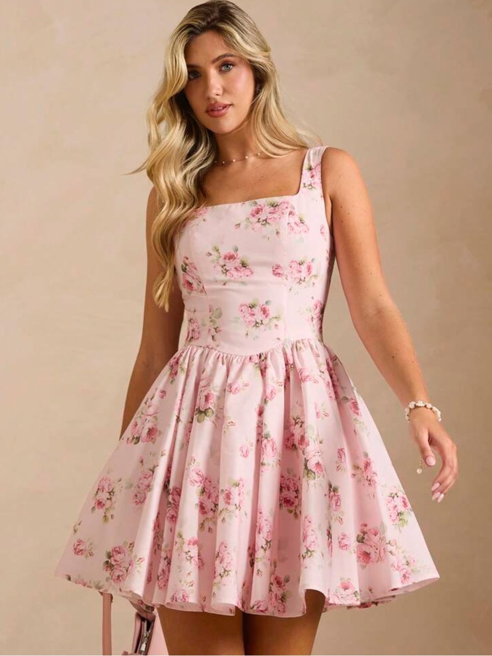 Sleeveless Pink Floral Fit-and-Flare Dress